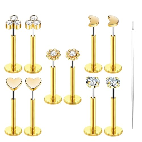 Uni-J 10pcs 20G/18G/16G Threadless Push-in Tragus Conch Cartilage Flat Back Helix Labret Monroe Lip Ring Daith Piercing Jewelry - color: 20G Gold 8mm