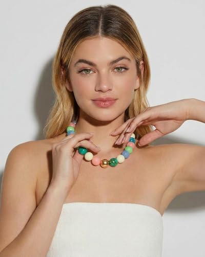 Chunky Beaded Choker Necklace for Women Boho Statement Necklace with Large Pearl Blue Brown Tone Resin Beads Summer Beach Jewelry Gifts - color: Macarons