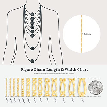 KEZEF Sterling Silver, 14k Gold Plated Silver & Rose Gold Plated Silver Figaro Chain | Fine Diamond Cut 1.5mm Bracelet & Anklet for Women, Girls and Men - color: Sterling Silver, size: 10 Inches