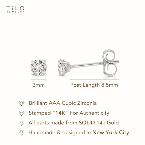 14k White Gold Solitaire Round Cubic Zirconia Stud Earrings with Pushbacks - style: 3mm