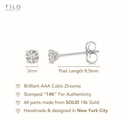 14k White Gold Solitaire Round Cubic Zirconia Stud Earrings with Pushbacks - style: 3mm