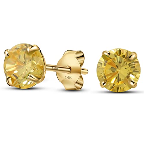 Solid 14K Yellow Gold Round Solitaire Simulated-Birthstone Minimalist Stud Earring - color: 11-November, size: 6mm