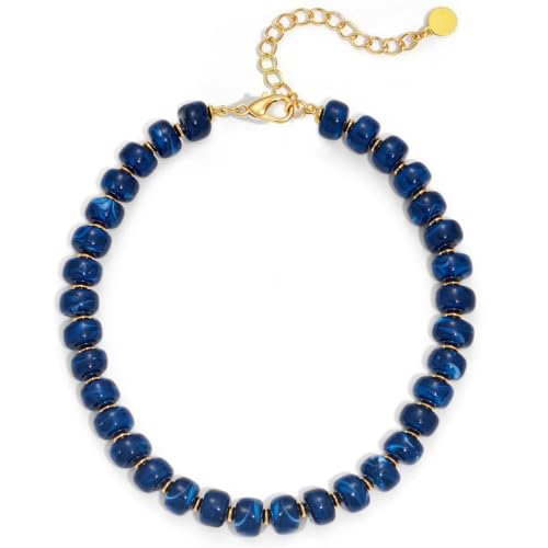 Chunky Beaded Necklace for Women, Colorful Boho Statement Necklace, Gold Chunky Resin Large Bead Necklace, Waterproof Summer Beach Jewelry Gifts for Women - color: Blue