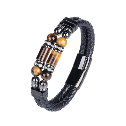Mens Leather Turquoise/Tiger Eye/Obsidian/Lava Stone Bracelet–Braided Multi‑Layer Wristband Cuff Bangle Barcelet–Jewelry Box and Pouch Packing - color: Tiger Eye Stone, size: 9in(Fits larger wrists)