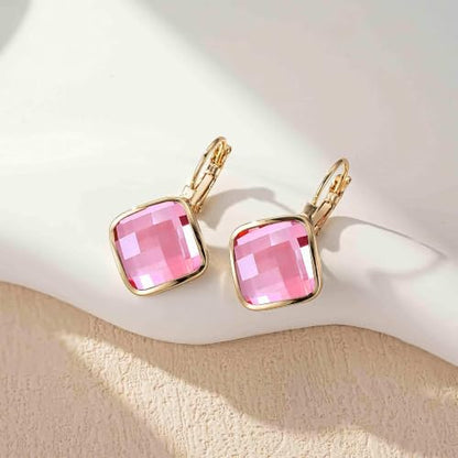 Austrian Crystal Square Leverback Drop Earrings for Women | Classic Square-Cut Crystal,14K Gold-Plated,Leverback for Easy Secure Wear,Gift Box Included,For Day and Evening Events - color: Pink