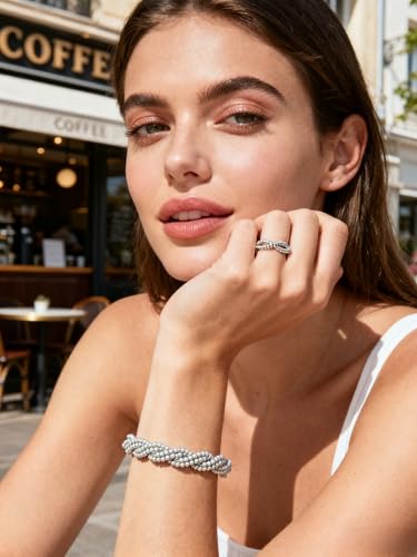 Bracelets for Women, Sliver Plated Trendy Bracelet and Ring Jewelry Set Adjustable Stainless Steel Bangle Bracelet Set for Love