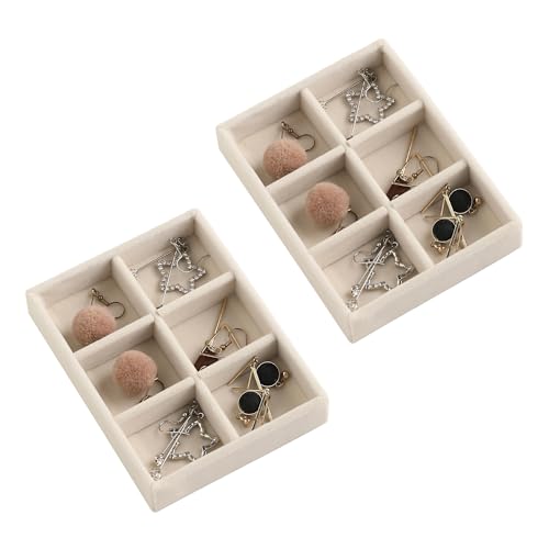 Frebeauty Small Jewelry Trays for Drawer,2 Pack 6 Grid Earring Organizer | Jewelry Display for Rings Stud,Jewelry Box Inserts,Drawer Inserts,Adjustable Dividers,Earring Organizer,Stackable,Mini Size - color: Beige, size: 6 Grids Set 2