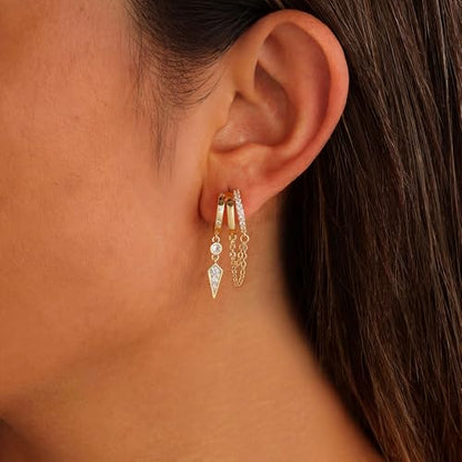 Gold Dangle Earrings for Women, 14k Gold Plated Stacked Triple Hoop Illusion Earrings Cubic Zirconia Huggie Earrings for Women Trendy - color: Gold Chain Earrings