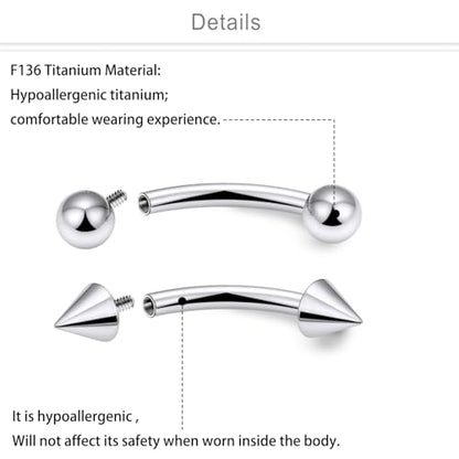Eyebrow Piercing Jewelry Titanium Curved Barbell 16g Tiny Eyebrow Ring Vertical Labret Lip Jewelry Ear Rook Navel Small Belly Button Ring for Women Men - color: 16g,8mm