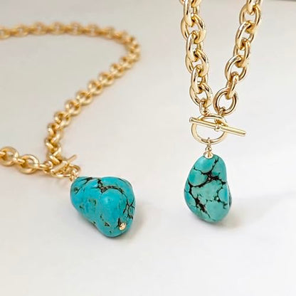IMBOS 14K Gold Plated Chunky Chain Choker Necklaces for Women Chunky Gold Necklace Tennis Necklace for Women CZ Love Chain Cuban Link Choker Jewelry Gifts - color: Gold-Turquoise Necklace