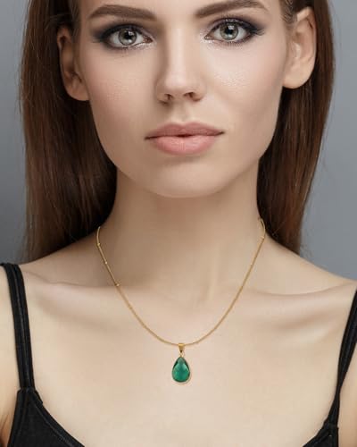 14K Gold Plated Emerald Teardrop Necklace Crystal Pendant Necklace for Women Classic Green Jewelry for Mothers Gift