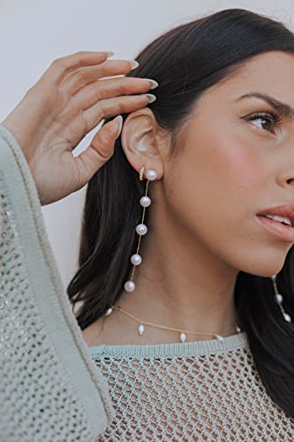 Clip-On Pearl Dangle Earrings - Baroque AAA+ Freshwater Pearl Long Drop Earrings for Women - Elegant Dangling Earrings - color: Yellow Gold