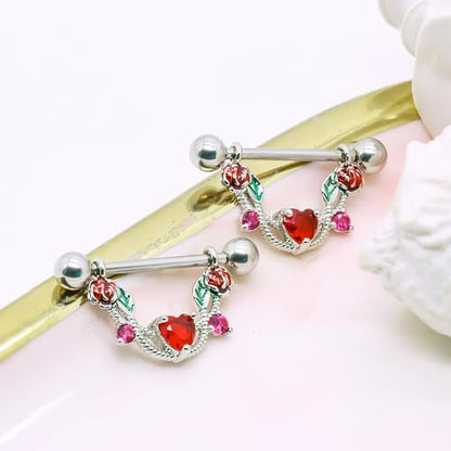 2pcs 14G Nipple Rings Flower Nipple Bars Surgial Steel 316L Nipple Piercing Jewelry Heart Nipple Barbell for Women - color: Rose red