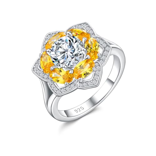 Flower Engagement Promise Ring Sterling Silver Birthstone Rings for Women Sapphire/Emerald/Ruby Gemstone Six Leaf Clover Statement Cocktail Ring Size 6 to 10 - style: 11. November-Created Citrine