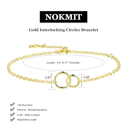 Solid 925 Sterling Silver Bracelets for Women, Dainty Interlocking Circles Cubic Zirconia Adjustable Chain Bracelet, Trendy Stackable Link Bracelets, Simple Cute Jewelry Gifts - color: Gold Interlocking Circles