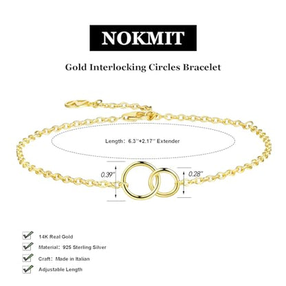 Solid 925 Sterling Silver Bracelets for Women, Dainty Interlocking Circles Cubic Zirconia Adjustable Chain Bracelet, Trendy Stackable Link Bracelets, Simple Cute Jewelry Gifts - color: Gold Interlocking Circles