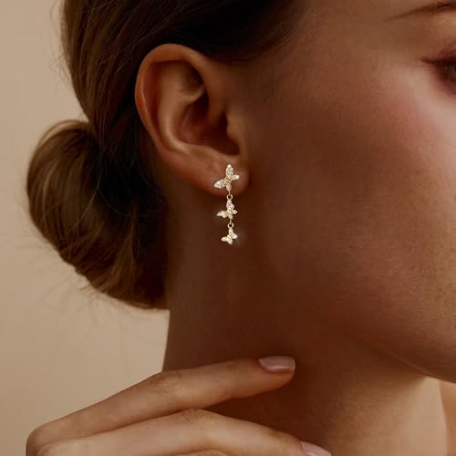 Lunvky 14K Gold Plated Dangle Earrings for Women Dainty Silver Drop Earring Trendy Long Dangling Wedding Bridesmaid Hoop Diamond Crystal Cute Earring Prom Jewelry Birthday Gifts - color: D-1 pair butterfly gold