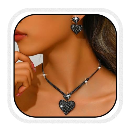 Crystal Heart Bridal Wedding Jewelry Set Silver Rhinestone Necklace Earrings Bracelet Sets Formal Costume Jewelry for Women and Brides - color: Black Necklace Earrings