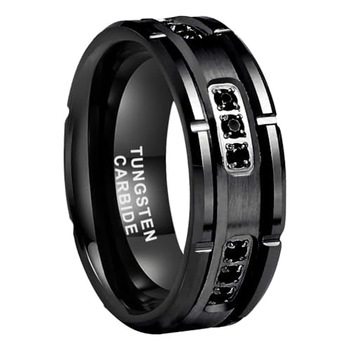TUTISS 8mm Silver/Black Tungsten Rings for Men Women Promise Engagement Eternity Wedding Bands Black Cubic Zircon Stone Inlay All Around Matte Finish Comfort Fit - color: 8mm Black Tungsten