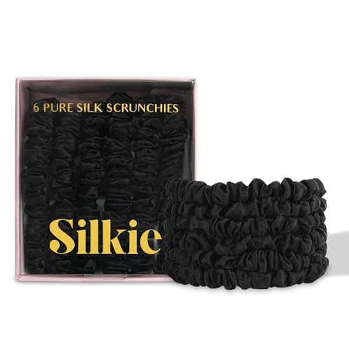 SILKIE x6 Set 100% Pure Mulberry Silk Black Noir Dark Midnight Neutral Skinny Scrunchies Travel Pouch Everyday Hair Ties Elastics Hair Care Ponytail Holder No Damage (Midnight) - color: Midnight