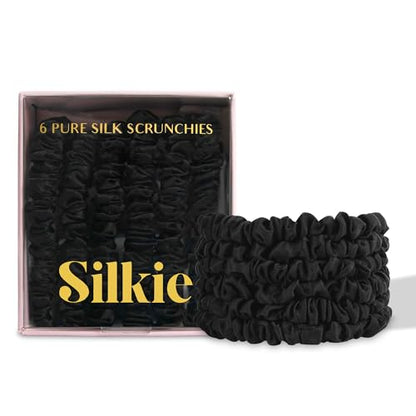 SILKIE x6 Set 100% Pure Mulberry Silk Black Noir Dark Midnight Neutral Skinny Scrunchies Travel Pouch Everyday Hair Ties Elastics Hair Care Ponytail Holder No Damage (Midnight) - color: Midnight