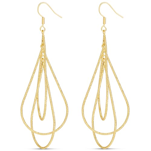 Milla Dainty Silver Drop Earrings for Women and Dangling Gold Earrings | Hypoallergenic, Easy to Wear, Available in 14K Gold, Rose Gold, or Silver Plated Finish, Different Designs - color: Triple Teardrop / 14K Gold Plated