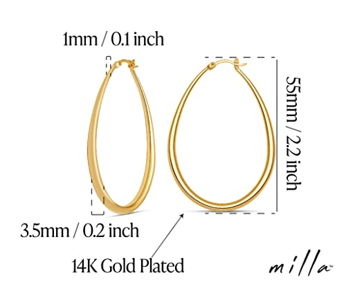 Milla Oval Hoop Earrings for Women | Elegant Polished 14K Gold, Rose Gold or Silver Plated Hoops with Secure Latch Closure, Hypoallergenic & Lightweight - color: 14K Gold Plated / 2.2 in - MEDIUM