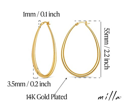 Milla Oval Hoop Earrings for Women | Elegant Polished 14K Gold, Rose Gold or Silver Plated Hoops with Secure Latch Closure, Hypoallergenic & Lightweight - color: 14K Gold Plated / 2.2 in - MEDIUM