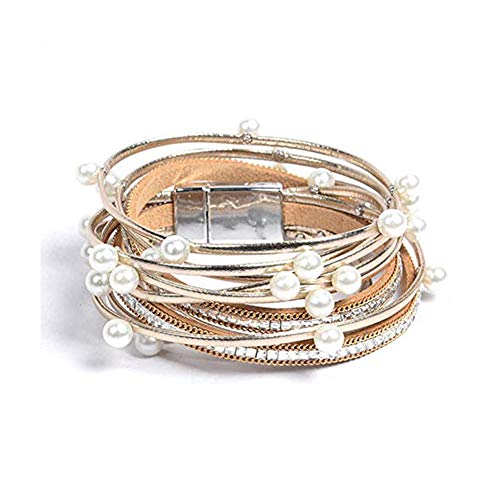 Artilady Leather Wrap Bracelet for Women, Pearl Beaded Bangle Stack Jewelry | Easy on-off, Elegant Handmade Multi-Layered, Daily Casual Date Beach Vacation, Gift for Ladies, Mother, Sister & Friend - style: Gold