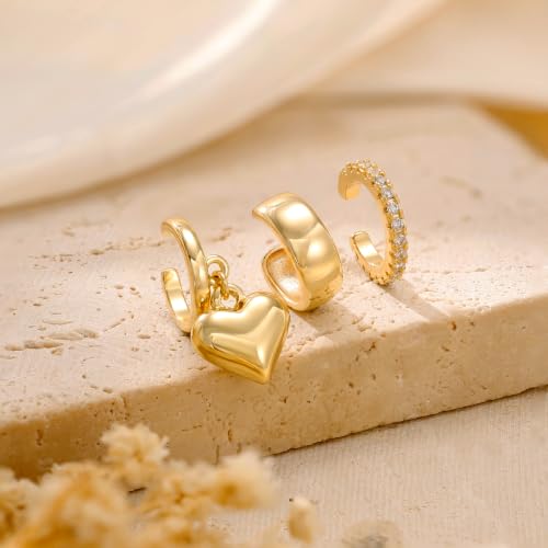 14K Gold Plated Layered Chunky Ear Cuff for Women Thick Ear Clips | Ear Cuff Earrings for Women,Hammered Texture design，Lightweight Hypoallergenic Ear Clips，trendy Jewelry for Daily Party Prom - color: gold 4