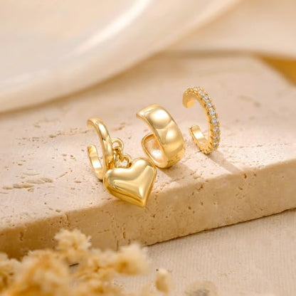 14K Gold Plated Layered Chunky Ear Cuff for Women Thick Ear Clips | Ear Cuff Earrings for Women,Hammered Texture design，Lightweight Hypoallergenic Ear Clips，trendy Jewelry for Daily Party Prom - color: gold 4