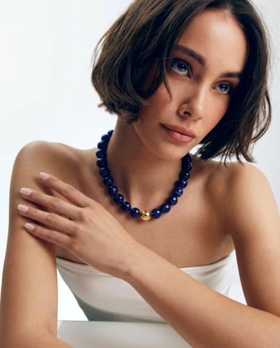 Chunky Beaded Necklace for Women Boho Statement Bead Necklace | Adjustable, Lightweight Choker, Round/Oval/Pebble Beads, Trendy Summer Beach Jewelry - color: Deep Blue