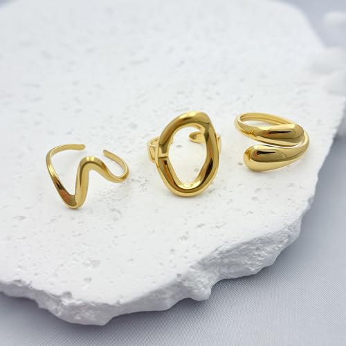 12PCS Gold Chunky Rings for Women Non Tarnish 18K Gold Plated Thick Round Adjustable Stackable Rings Open Stacking Knuckle Statement Ring Set Gifts