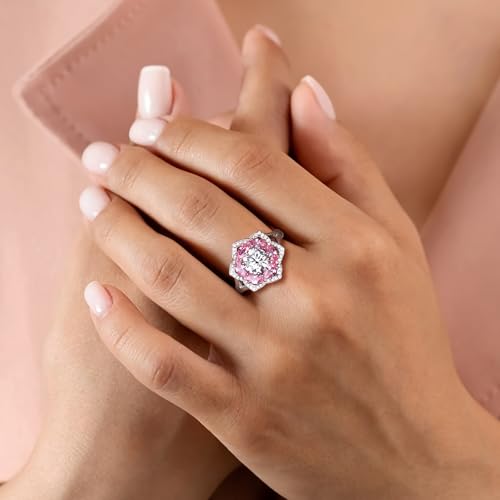 Flower Cocktail Ring for Women Stone Engagement Anniversary Rings | Sterling Silve|Hypoallergenic|Ruby|Sapphire|Emerald|Wedding and Birthday Party Women Statement Ring|Mother and Grandma Gift - color: Pink Tourmaline (Oct.)