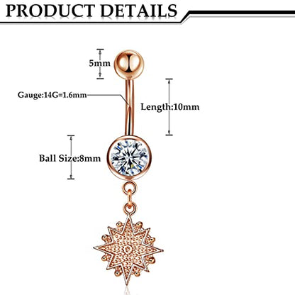 Hicarer 8 Pieces 14G Belly Button Rings Steel Long Dangle Navel Ring CZ Body Piercing Jewelry - color: Rose Gold