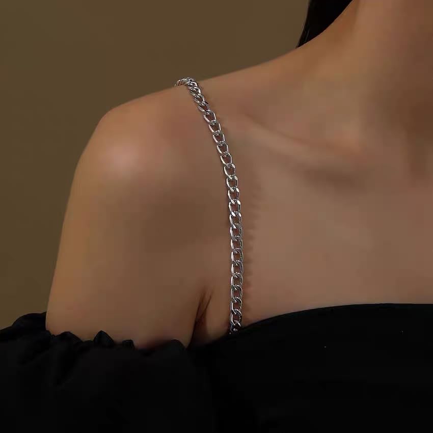2PCS Adjustable Cuban Link Underwear Chain for Women Simple Bra Shoulder Strap Aesthetic Non-slip Lingerie Straps Bridal Wedding Dress Rave Party Festival Accessories Summer Body Jewelry - color: Silver