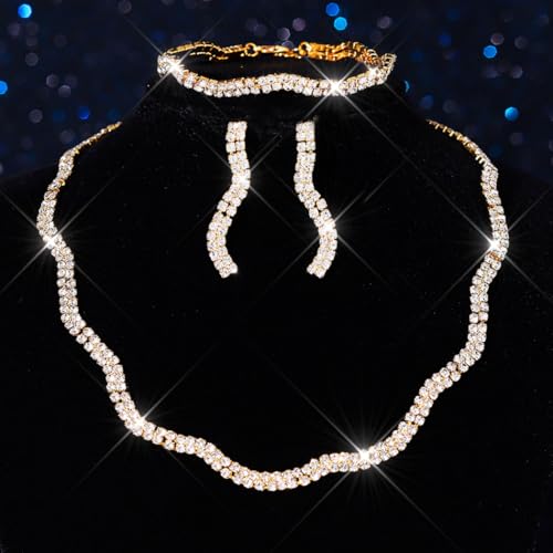 Aukmla Rhinestones Bridal Wedding Jewelry Set Choker Necklaces Earrings Bracelet Sets Prom Jewelry for Women and Brides - color: Gold