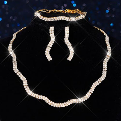 Aukmla Rhinestones Bridal Wedding Jewelry Set Choker Necklaces Earrings Bracelet Sets Prom Jewelry for Women and Brides - color: Gold