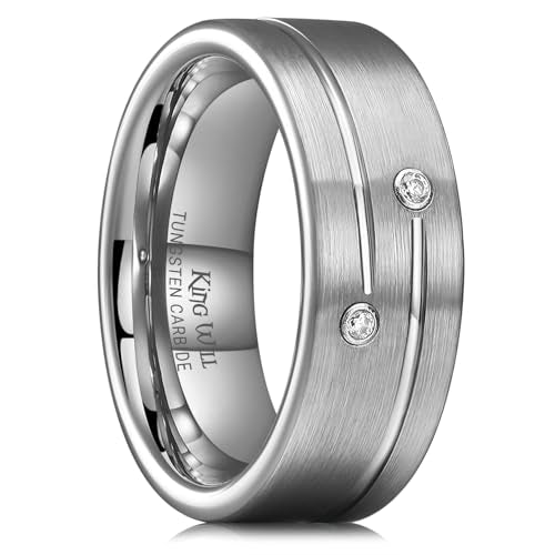 King Will Mens Tungsten Wedding Band with Cubic Zircon Inlay 7mm/8mm Flat Cut Comfort Fit Engagement Rings - color: C-Silver-8mm