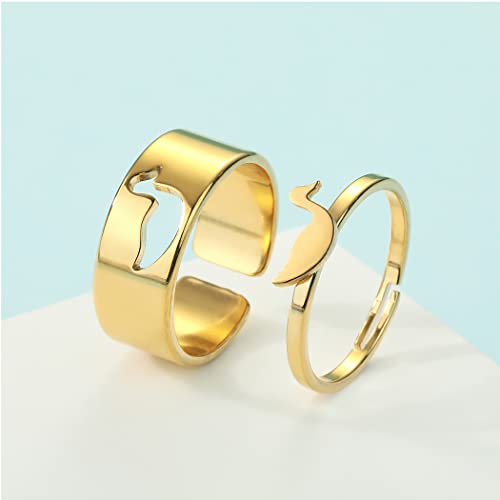 2PCS Matching Cute Animals Promise Engagement Rings for Couples Men Women Jewelry Band Sets 316L Stainless Steel Adjustable Open Ring - color: Duck-g