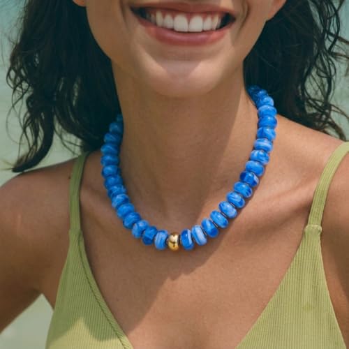 Chunky Beaded Necklace for Women Boho Statement Bead Necklace Adjustable Choker with Polished Disc/Square Beads Trendy Summer Beach Jewelry Gifts - color: Blue