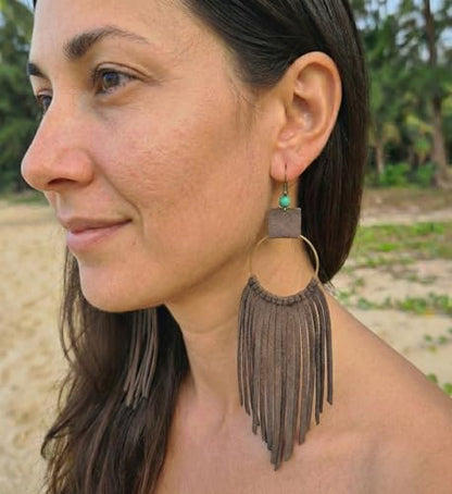 Handmade Genuine Leather Earrings for Women – Long Teardrop Boho Dangles, Lightweight Statement Fashion Jewelry - style: Wasterfall - Grayish Green