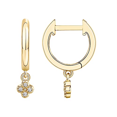 PAVOI 14K Gold Plated Huggie Hoop Earrings with Charms for Women - 925 Sterling Silver Posts Dainty Motif Huggie Hoop Dangle Earrings - Lightweight Dangle Drop Jewelry with Cubic Zirconia - style: Clover