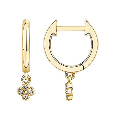 PAVOI 14K Gold Plated Huggie Hoop Earrings with Charms for Women - 925 Sterling Silver Posts Dainty Motif Huggie Hoop Dangle Earrings - Lightweight Dangle Drop Jewelry with Cubic Zirconia - style: Clover