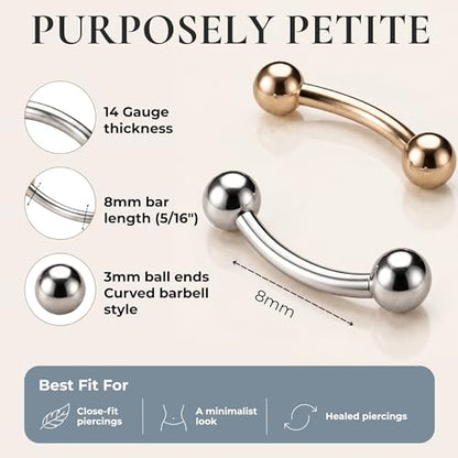 Forbidden Body Jewelry Surgical Steel Petite Belly Button Rings Curved Navel Barbell Set 14G 5/16 Inch 3mm End Balls - style: Steel/Rose Gold