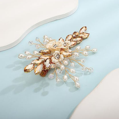 Xerling Champagne Rhinestones Crystal Flower Hair Barrettes Clip Boho Bridal Pearl Hair Jewelry Accessories for Women Wedding Floral Headpieces (Champagne) - color: Champagne