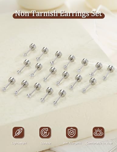 SIISPRI 10 Pairs Tiny Cartilage Stud Earrings for Women Men 14K Gold Plated Surgical Stainless Steel Flat Back Earrings Hypoallergenic Cubic Zirconia Studs Earrings 2mm 3mm Tragus Helix Daith Piercing - color: 2mm-silver-10pair