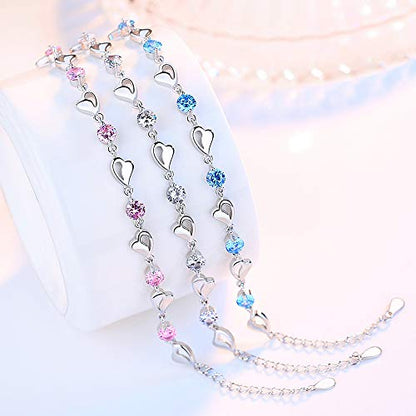 kelistom 925 Sterling Silver Bracelets for Women Teens, Love Heart Charm Chain Bracelet Bangle Fashion Jewelry Gifts - color: heart chain-white