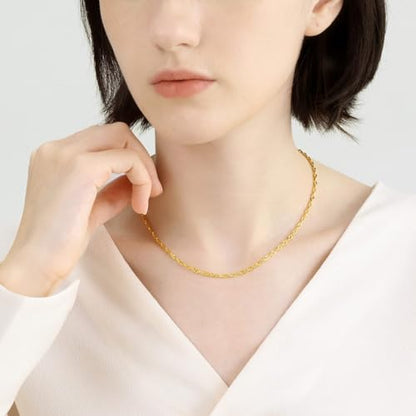 Gold Silver Necklace Chain With Adjustable Lobster Clasp, Diamond Cut Geometric Gold Beads Stationed on Dainty 2mm Cable Box Chain, 16 Inches Rolo Oval Figaro Link Singapore Chain. - color: Gold04