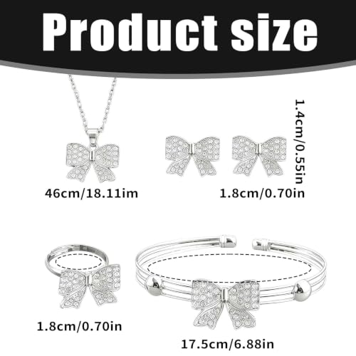 1 Set 4 Pcs Bow Jewelry Set Silver-tone Rhinestone Adjustable Bow Necklace, Earrings, Bracelet, Ring for Women, Party, Daily - color: Sliver